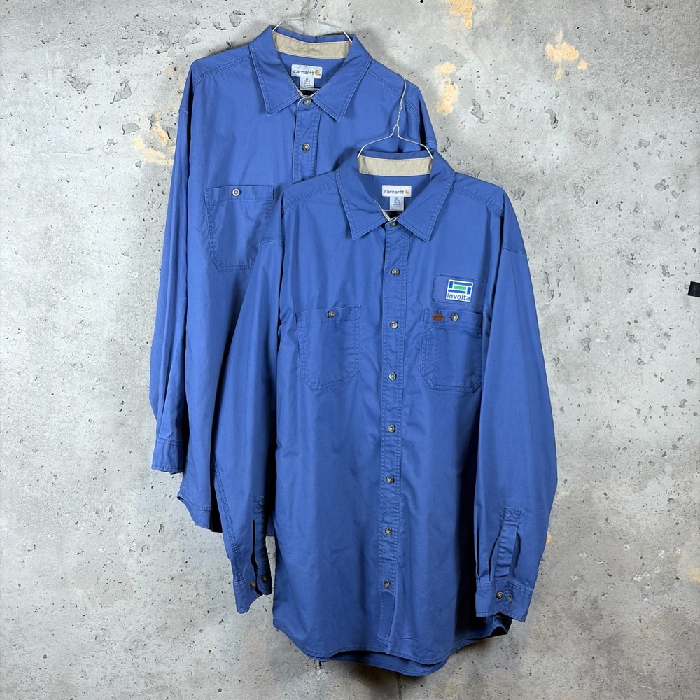Carhartt Durable Work Shirt Mens XL Blue Cotton Logo Pleated Button Up Lot of 2